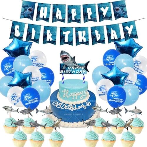 25pcs/set Shark Birthday Party Supplies Shark Theme Birthday Shark Balloons Banner Cake Topper for Ocean Theme Birthday Party De