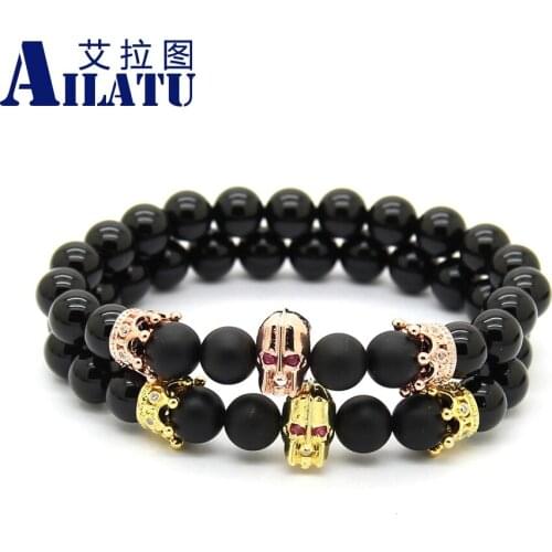Ailatu 8mm Real Onxy and Matte Stone Beads Micro Pave CZ Spartan Hero & Crown Bracelet Men Helmet Jewelry Pulseira Hombres