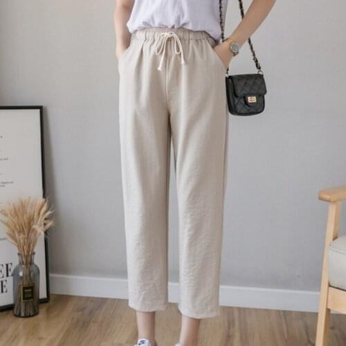 2021 S-XXL New Cotton Ankle-Length Pants Casual Loose Drawstring Solid Green Black Beige Elastic Band Harem Pant for Women