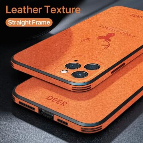 Luxury Leather Texture Square Frame Case on For iPhone 12 Pro Max 11 Pro 12 Mini X XR XS Deer Camera Protection Shockproof Cover