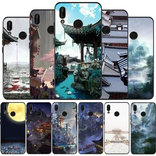 Chinese ancient scenery black Silicone soft Phone Case for huawei P40 P30 P20 P10 Pro P9 Lite Psmart 2019 Y6 Y9 cover