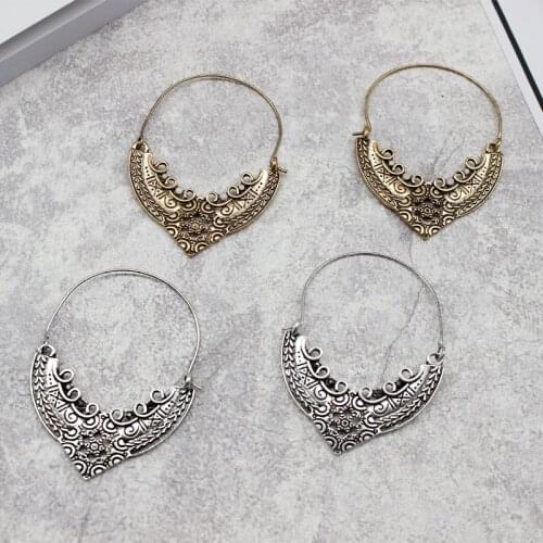 Gypsy Carved Mysterious Pattern Ethnic TotemHollow Love Semicircle Geometry Water Drill Exaggerated Pendant Alloy Earrings