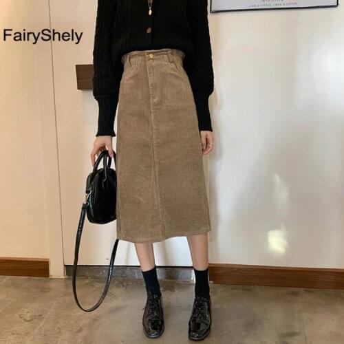 FairyShely Vintage Long Skirt Womens 2020 Corduroy Split Skirts Elegant Korean Style Fashion Pocket High Waist Midi Skirt Femme