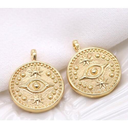 14K Gold Color Brass Metal Eye Pendant Round Evil Eye Charm for Jewelry Making DIY Craft
