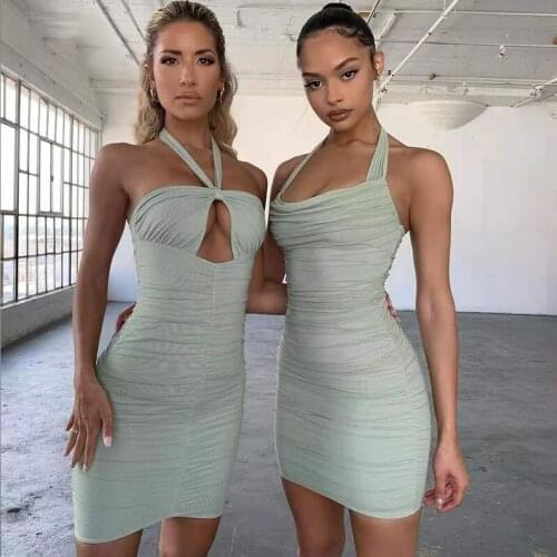 Club Party Dress Women 2021 Summer Sexy Bodycon Mini Dresses Casual Halter Backless Hollow Out Ruched Vestidos Slim Sundress