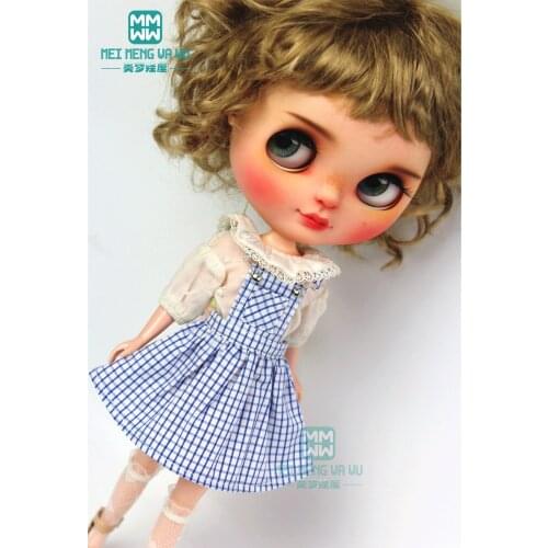 Fashion blue plaid strap skirt, shirt for 28-30cm Blyth Azone 1/6 doll accessories