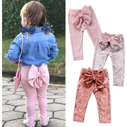 Fashion Toddler Kids Baby Girls Bowknot Bottoms Pleuche Cute Long Pants Leggings Autumn Clothes