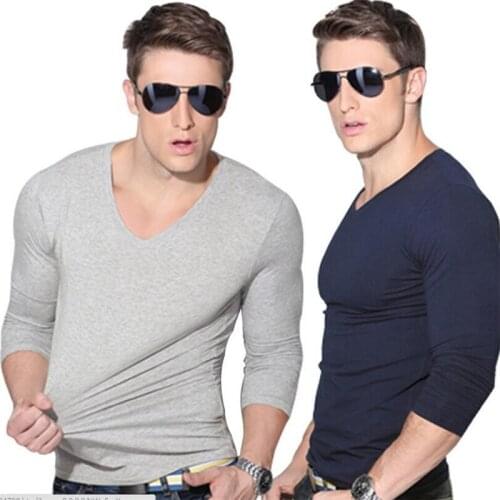 2020 Spring Autumn Mens Slim Long Sleeve T-Shirt,Casual Cotton V-Neck & O-Collar Tops Tees,Super Stretch Bottoming Shirts