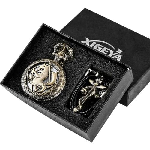 Punk Vintage Fullmetal Alchemist Theme Pocket Watch Set Black Leather Pendant Chain Bronze Hot Sale Pocket Clock Present Box