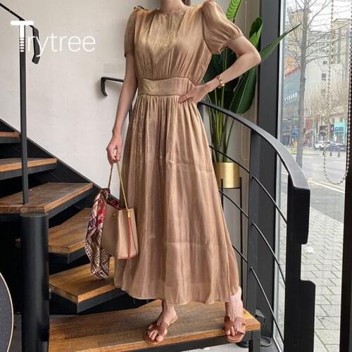 Trytree 2020 Summer women Casual Dress O-neck Solid Golden Fashion Loose A-line Vintage Elegant Office Lady Mid-Calf Dress