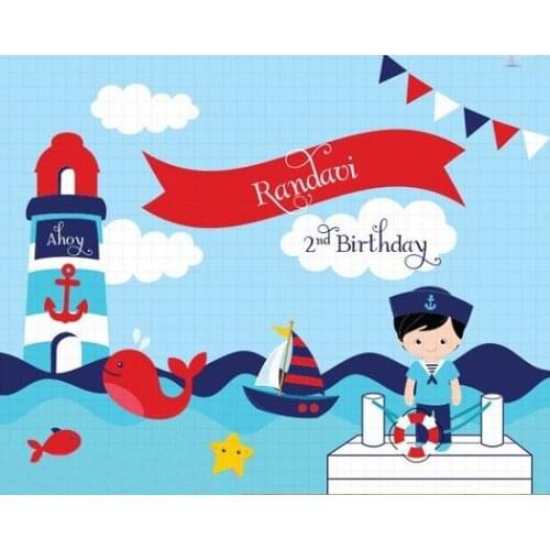 Custom Nautical Sailor Boy Ship Anchor Flag Lighthouse Whale Clouds backdrops Computer print birthday background