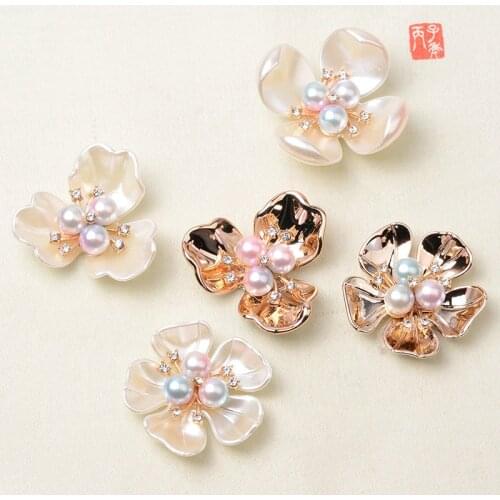 5Pcs/Lot Alloy Rhinestone Buttons Shell Pearl Flower Heart Jewelry Accessories Bride Bouquet Flower diy Bag Hair Material