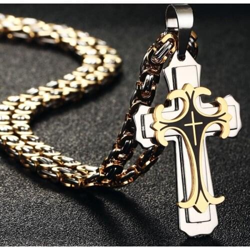 Religious Men Cross Stainless Steel Pendant Necklace Byzantine Chain Fleur-de-lis Necklace cadenas para hombre Punk Ornaments