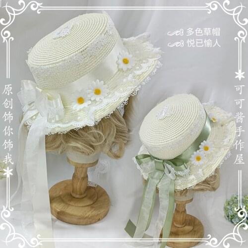 Original Handmade Lolita Chrysanthemum Straw Hat Bow Ribbon Sun Hat Sweet Fairy Ancient Style Outing Pastoral Hat