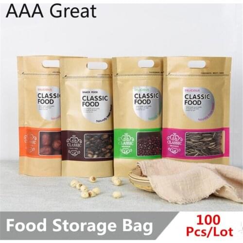100Pcs/Lot Kraft Paper Self Sealing Bag Biscuit Self Supporting Packaging Dry Fruit Snack Nougat Gift Window Hangle Hole Pouches