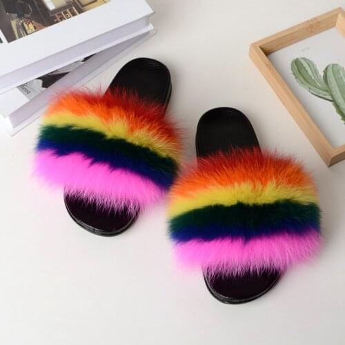 Ladies Fashion Cute Fluffy Slides Womens Colorful Fox Fur Soft Slippers Summer Female Sandals Plush Flip Flops Home Furry Shoes