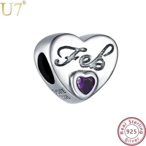 U7 Heart Purple Birthstones Charms 925 Sterling Silver February Bead for Jewelry Making for Diy Pendants Necklace Bracelet SC133