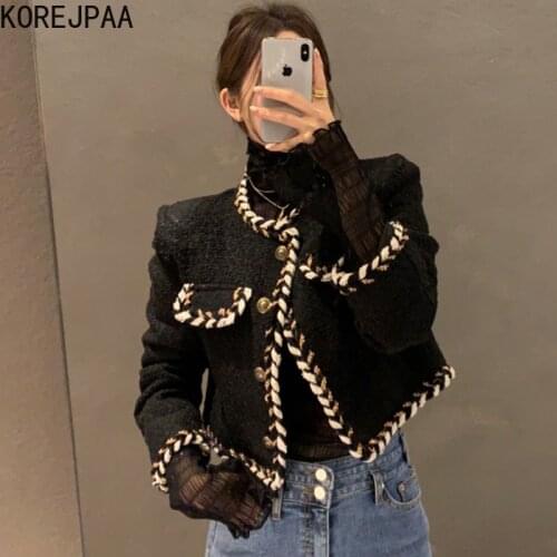 Korejpaa Women Jacket 2021 Autumn French Retro Braided Border Design Chic Single-Breasted Mesh Stitching Long-Sleeved Short Coat