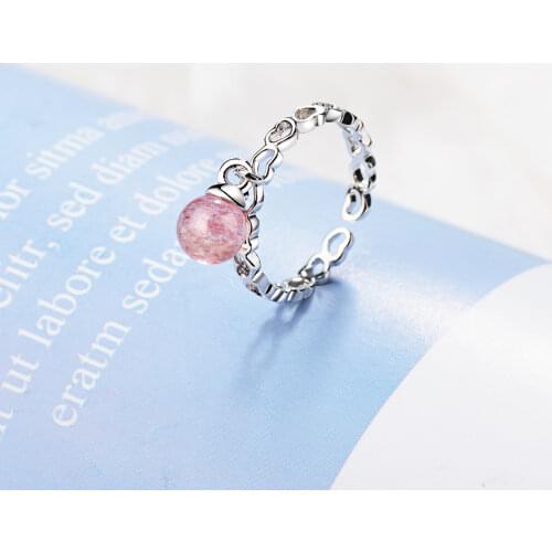 925 Sterling Silver Sweet Natural Strawberry Crystal Bead Opening Rings For Women Gift 16mm Adjustable Jewelry S-R395
