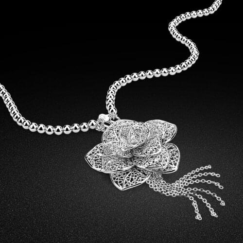 Chinese style womens 925 silver necklace palace vintage peony flower pendant 5MM sterling silver bead chain long necklace gift