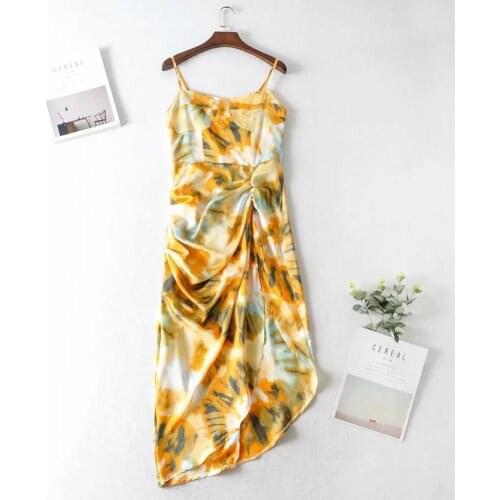 40%HOT Women Print Sleeveless Spaghetti Strap Ruched Side Slit Irregular Hem Midi Dress