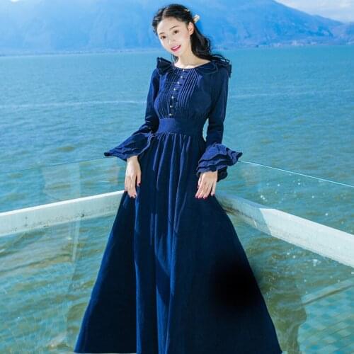 Womens Autumn and Winter New Retro Corduroy Dress Flare Sleeves Flounced Waist Was Thin Solid Round Neck Type a Dress Tb181