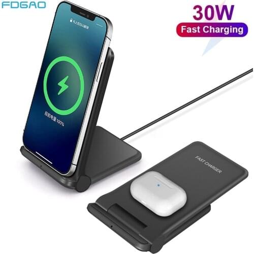 30W Qi Wireless Charger Stand For iPhone 12 11 XS XR X 8 Airpods Pro Foldable Fast Charging Dock Station for Samsung S21 S20 S10