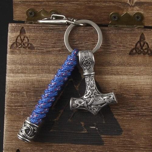 Viking Thor Hammer Mjolnir Keychain Norse Scandinavian Amulet God Keyring Blue Paracord Handmade Jewelry Christmas Gifts