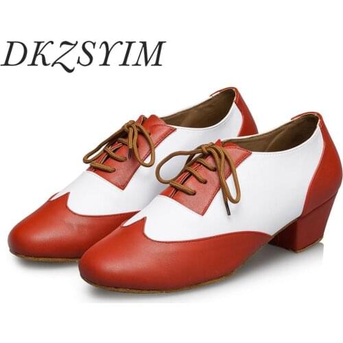 DKZSYIM Latin Dance Shoes Men Stitching Color Ballroom Dance Sneaker Leather Lace-Up Latin Salsa Dance Shoes 24-28.5CM 2020