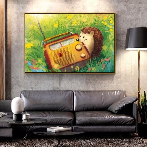 Forbeauty Oil Canvas Painting hedgehog_radio_grass For Home Decoration Wall Art