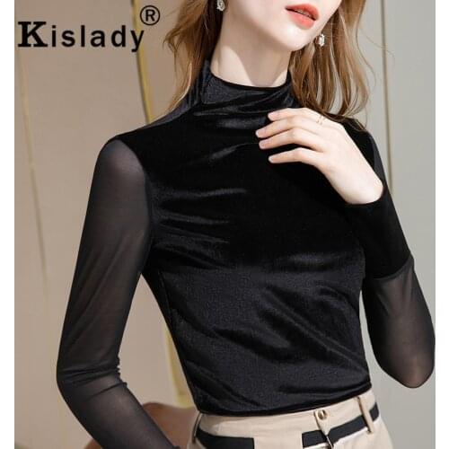 Kislady Turtleneck Gothic Harajuku Shirt Sexy Long Sleeve Vintage Charming Women Shirts Korean Tops OL Patchwork Pleuche Clothes