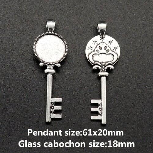 Beauty Key Silver color Pendant Settings Cabochon Base Blank Fit 18mm Round Glass Cabochons DIY Necklace Making findings