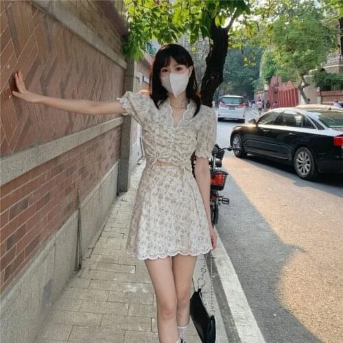Summer lace floral suit women 2021 fashion western style skirt sleeves drawstring skirt Womens suit Clothing sets Knitted suit
