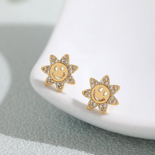 Minimalist Sunflower Shape Gold Smile Face Earrings for Women Charm Zircon Mini Cute Ear Studs Party Jewelry Gifts