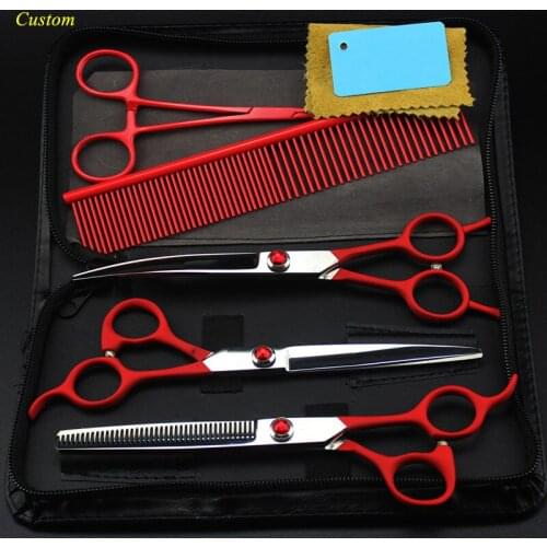 Custom 5 kit japan steel 7 inch red pet dog grooming hair cutting shears haircut thinning barber makas hairdressing scissors set