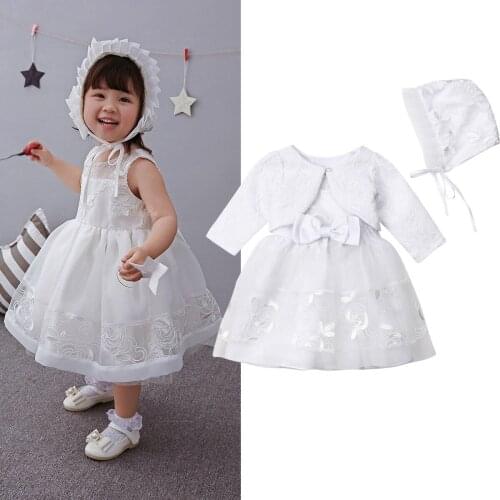 0-18M Princess Formal Baby Girls Dress+Coat+Hats 3PCS Lace Party Christening Clothes Floral Sleeveless Bow Tutu Dress Sets