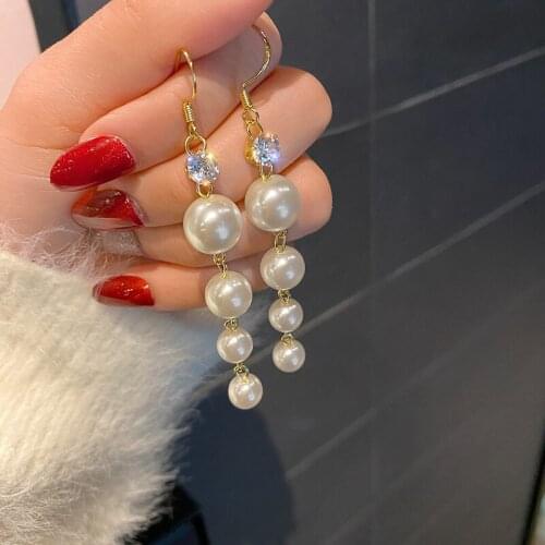 2021 New Vintage Geometric Arc Long Tassel Pearl Pendant Temperament Drop Earrings For Women Girls Jewelry Gift