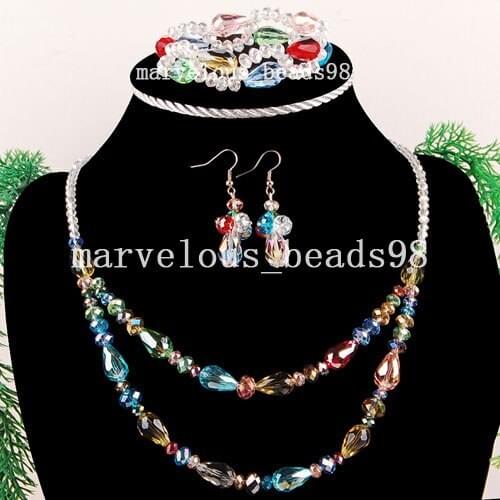 Wholesale 6 sets Multicolor Faceted Crystal Water Drop Art Beads Necklace Bracelet Earrings FG3907
