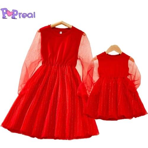 PopReal Autumn Fashion Solid Mesh Stitching Long Sleeve Dress Mom And Daughter Dress Parent-Child Outfit Mother Daughter Clothes
