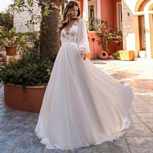 Beach Wedding Dresses A-line Scoop Long Sleeves Chiffon Appliques Lace Dubai Arabic Wedding Gown Bridal Dress Vestido De Noiva