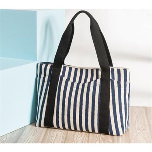 POOLOOS New High Quality Large Capacity Black Blue Stripe A4 Casual Canvas Women Shoulder Bags Lady Handbags Tote M373