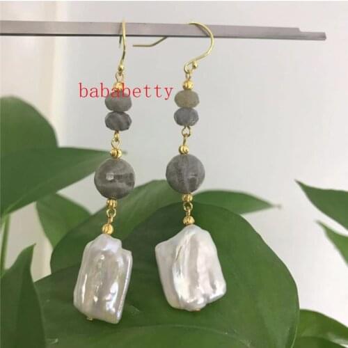 Natural white16-20MM irregular square pearls and Natural Section 10 mm labradorites 925 sterling silver hooks earrings