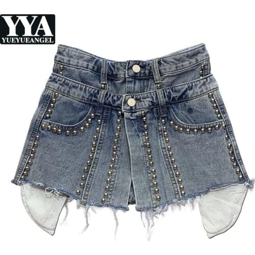 New Denim Skirt Women Summer Korean Beading Ripped Mini A-Line Skirt Ladies Punk Jeans Skirt Female Streetwear Female Hot