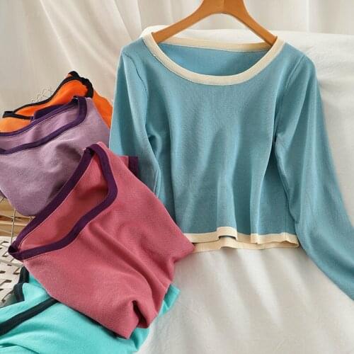 OUMEA Knitting Tshirts Long Sleeve Contrast Color Casual Tee For Women Spring Autumn Going Out Top Korean Style Basic Simple Top