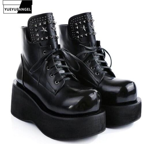 Fashion Women Lace Up Round Toe Thick Platform Shoes Gothic Rivet Ankle Boots High Top Genuine Leather Riding Boots Plus Size