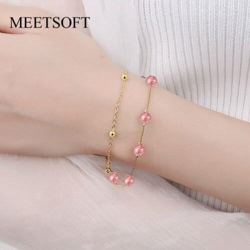 MEETSOFT Fashion Silver Color Accessories Trendy Strawberry Quartz Bracelets For Women Douoble Layer Popular Jewelry Gift