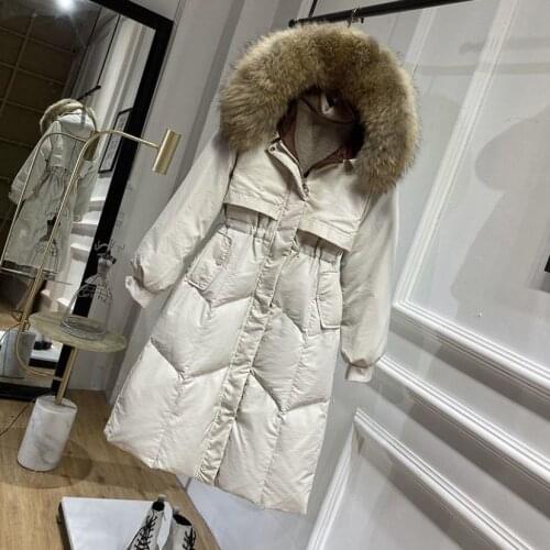 Winter Down Jacket Large Natural Fox Fur Collar Hooded Thick White Duck Down Coat Women Long Parka Female Overcoat With Belt