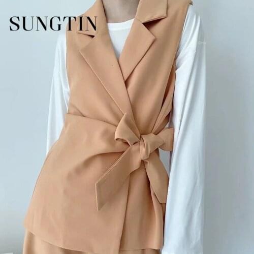 Sungtin Two Pieces Set Office Lady Vest Blazer Suit Women Belt Waistcoat Trousers Suit Wide Leg Pants Sleeveless Blazer Korean