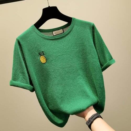 Fashion O collar Embroidered pineapple sweater bottoming shirt womens Loose thin pullover summer Short sleeve