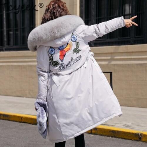 Tcyeek Winter Female Down Jacket Women Floral Clothes 2020 Korean Long Warm Duck Down Coat Large Fox Fur Hooded Coat Hiver 56116
